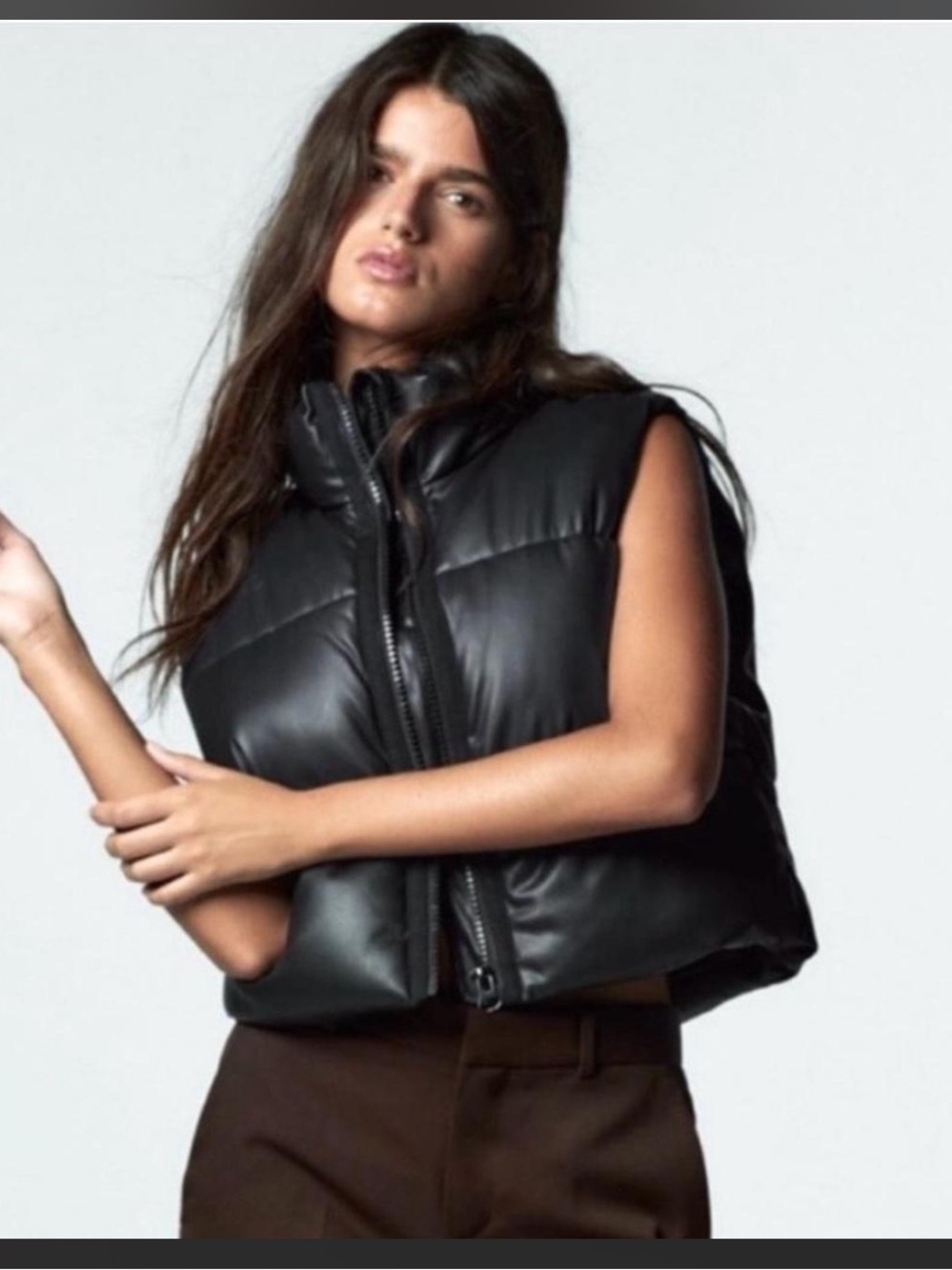 NWT‎ ZARA Faux Leather Cropped Black Zip Front Mock Neck Puffer Vest Medium